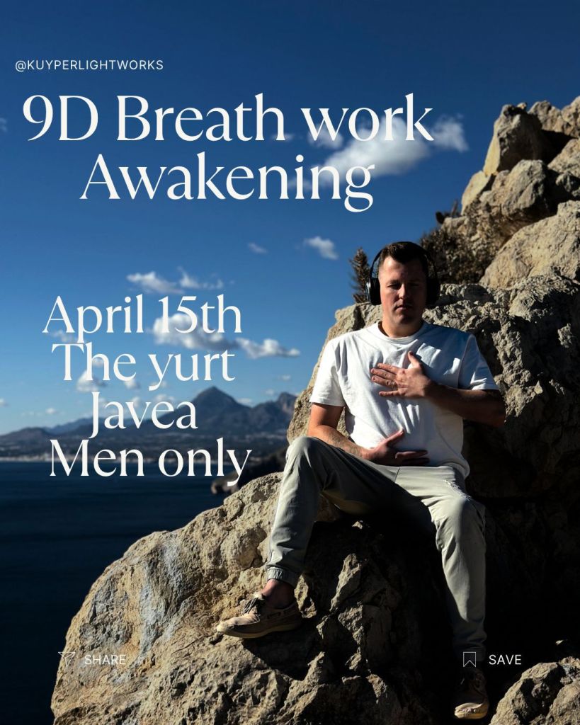 A man practicing breathwork on a rocky ledge with a scenic view of mountains and the sea, promoting a '9D Breathwork Awakening' event for men only on April 15th at a yurt in Javea.