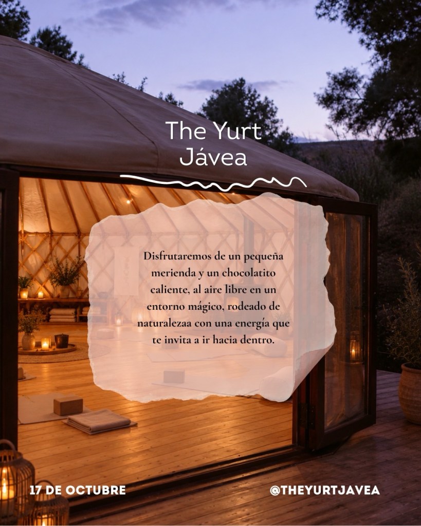 A beautifully lit yurt in Javea, surrounded by nature, showcasing a cozy atmosphere with cushions and soft lighting inside.